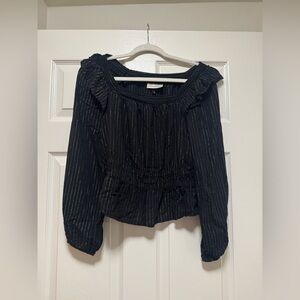 Universal Thread Black Blouse with Gold Stripes and Ruffle Shoulders